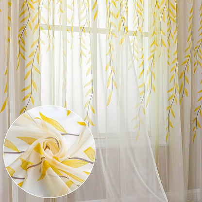 BROSHAN Yellow Sheer Window Curtains 2 Panels, Light Yellow Curtain Sheers Vine Leaves Pattern Voile Bedroom Curtains Rod Pocket Transparent Drapes for Living Room