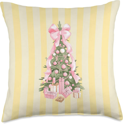 Aesthetic Preppy Christmas Tree Coquette Bow Yellow Striped Throw Pillow