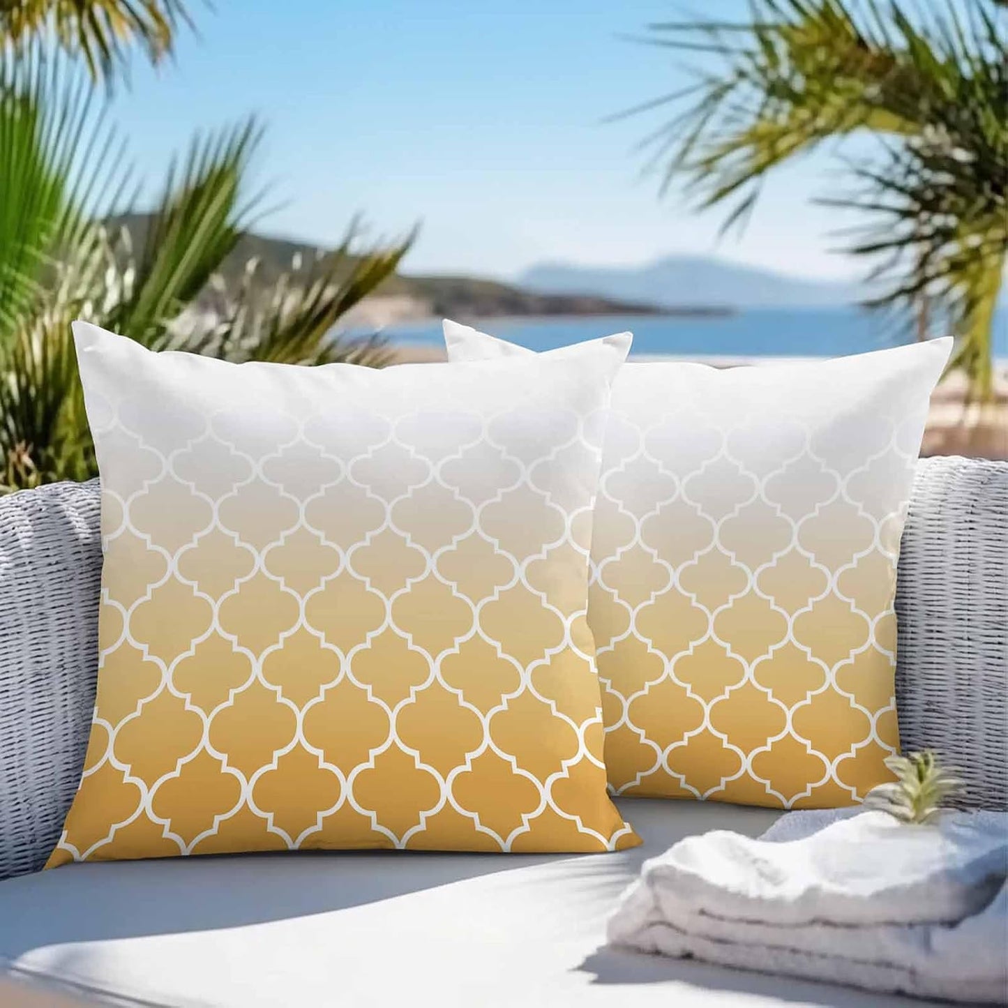 Outdoor Pillow Covers Waterproof Pillow Cases Protector Yellow Gradient Moroccan Pattern Pillowcase Pack of 2 White Stripes Buffalo Check Throw Cushion Case for Pation Furniture,Couch,Sofa,16X16IN