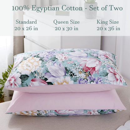 WINLIFE 100% Cotton Pillowcases Garden Floral Printed Pillow Cases Set of 2 Aqua Yellow Lavender Purple Flowers Print Pillow Cover (Standard 20 x 26'', Purple Fowers)