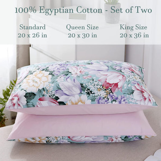 WINLIFE 100% Cotton Pillowcases Garden Floral Printed Pillow Cases Set of 2 Aqua Yellow Lavender Purple Flowers Print Pillow Cover (Standard 20 x 26'', Purple Fowers)
