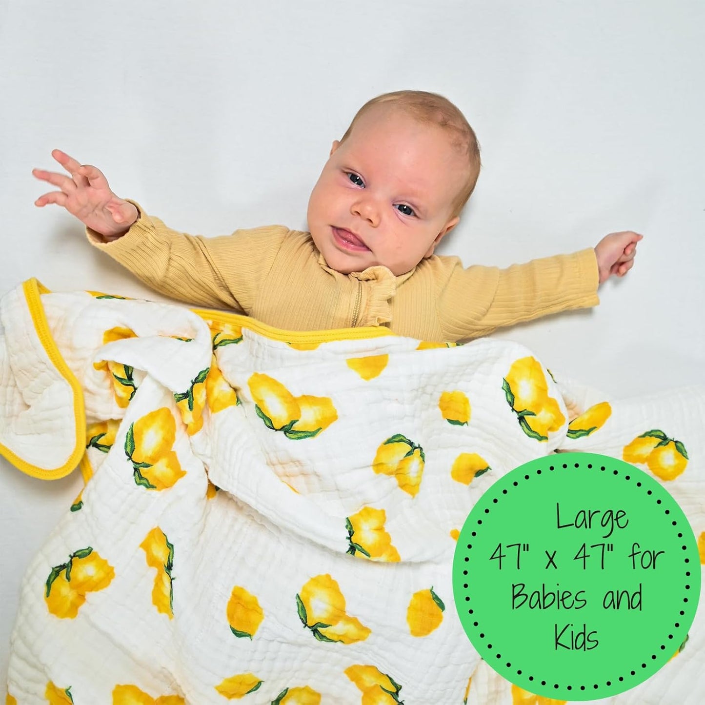 LollyBanks Muslin Baby Quilt, 100% Cotton Baby Blanket for Boys and Girls, Large 47 x 47 Inches Versatile Crib Blanket, 6 Layers Newborn Blanket, Durable Baby Bedding, Registry (Sunny Lemon Print)