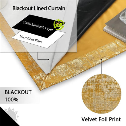 always4u 100% Blackout Soft Velvet Curtains for Bedroom Living Room Thermal Energy Saving 63 Inches Long Luxury Gold Foil Print Drapes 2 Panels Yellow