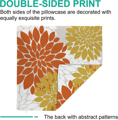 Floral Throw Pillow Covers Bohemian Dahlia Flowers Geometry Graph Modern Soft Cozy Decor Bed Living Room Sofa Rustic Farmhouse Pillow Case Set of 2 Orange Yellow White,18x18 Inch