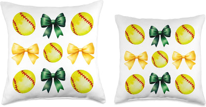 Softballs & Bows for Women Girl Softball Player Green Yellow Throw Pillow