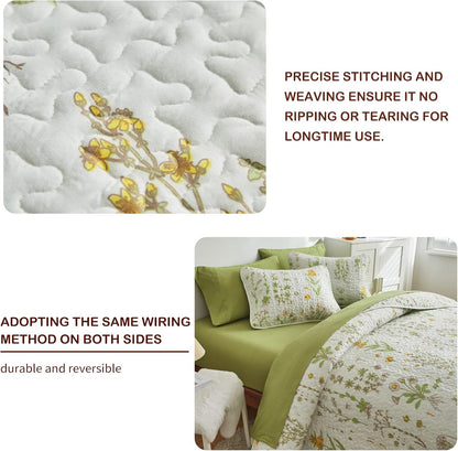 Joyreap 3 Pieces Reversible Quilt Set, Smooth Soft Microfiber Quilt, Yellow Flowers Green Leaves Botanical Design, Bedspread Bed Cover for All Season, 1 Quilt n 2 Pillow Shams (King, 102x90 inches)
