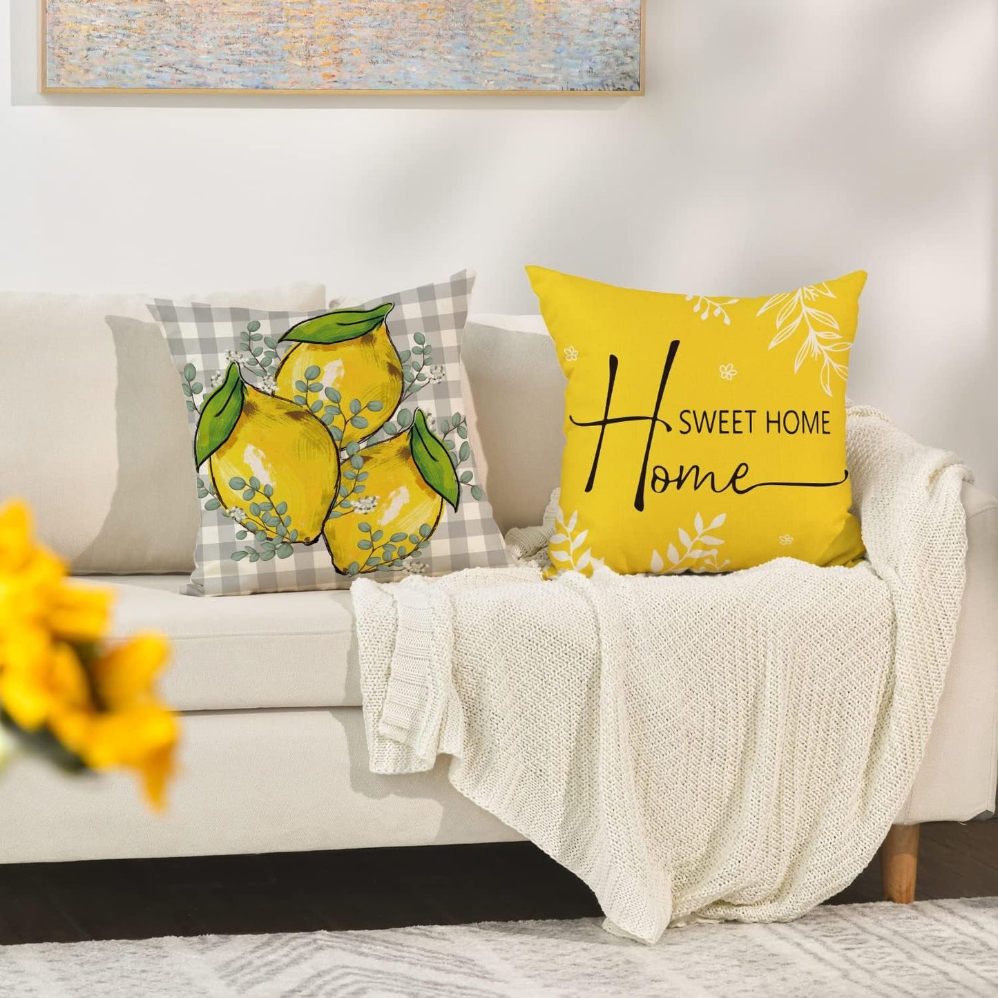 AVOIN colorlife Summer Lemon Buffalo Plaid Throw Pillow Covers, 18 x 18 Inch Home Sweet Home Family is Everything Cushion Case for Sofa Couch Set of 4