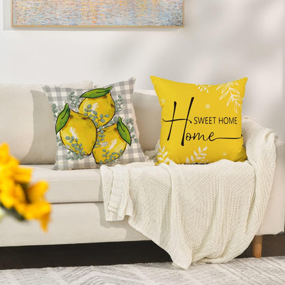 AVOIN colorlife Summer Lemon Buffalo Plaid Throw Pillow Covers, 18 x 18 Inch Home Sweet Home Family is Everything Cushion Case for Sofa Couch Set of 4