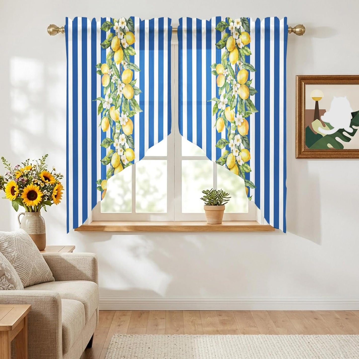 Blue Stripes Lemon Swag Curtains 36 Inch Length 2 Panels Set,Spring Fruit Flowers Leaves Line Semi-Sheer Curtain Drapes Rod Pocket Valance For Kitchen,Living Room,Bedroom,Bathroom Window 56"Wx36"L