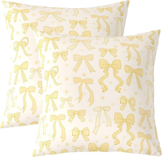 Watercolor Bow Throw Pillow Covers for Kids Girls Cute Yellow Bowknot Cushion Case Set of 1 16 x 16-Inch Coquette Bows Decor Pillowcase Bedroom Decor Soft Dreamy Princess Style Indoor Outdoor