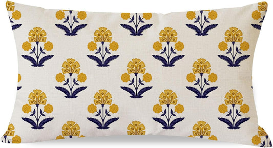 PANDICORN Block Print Throw Pillow Covers 12x20 Inch Yellow and Blue Vintage Boho Floral Outdoor Summer Decorations Lumbar Decorative Throw Pillows Cases for Home Living Room Couch Decor