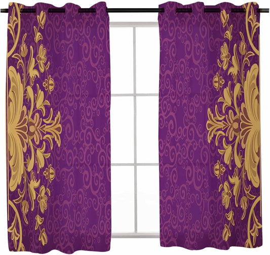 Vintage Purple Sheer Curtains 39 Inch Long 2 Panels, Yellow Flower Lace Baroque Ethnic Style Light Filtering Semi Sheer Drapes Grommet Voile Window Curtain for Living Bedroom W27.9 x L39