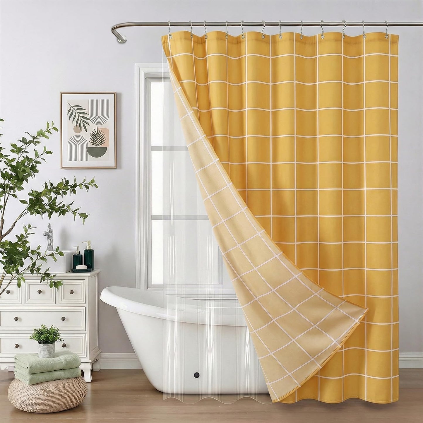 3 in 1 Shower Curtain Set, Checkered Minimalist Shower Curtain and PEVA Liner Sets swith 12 Metal Double Sided Shower Curtain Hooks, White Line Simple Modern Shower Curtain for Bathroom, 72x72, Yellow