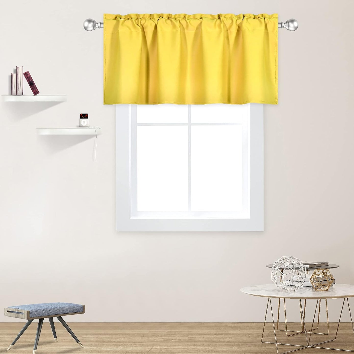 DECOVSUN Bright Yellow Valance for Windows 42x18 Inch Solid Blackout Rod Pocket Kitchen Short Curtain Toppers Valance for Bathroom Living Room, Light Yellow