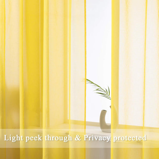 DUALIFE Yellow Sheer Curtains 54 Inch Length,Faux Linen Semi Sheer Curtain Drapes for Living Room Bedroom Nursery Kitchen Bathroom Privacy Voile Window Treatment Panels,Mustard,52 x 54 Inches,Set of 2