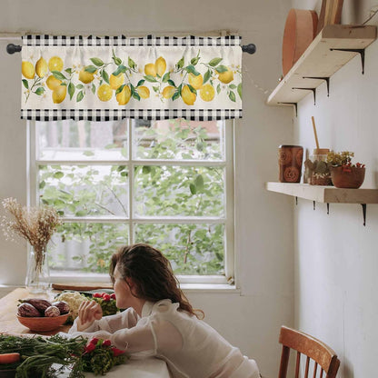 Valances for Window Semi Sheer Valance Light Filtering Small Window Curtains Art Farm Summer Yellow Lemon Black White Plaid Curtain for Living Room Bathroom 60"x18"