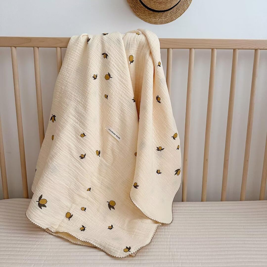 MKXI Swaddling Blankets Nursery Blankets 100% Cotton Lovely Lemon Print Girls Soft Thin Quilt Fruits Toddler Blanket Muslin Baby Quilts Lightweight Breathable