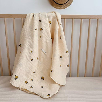 MKXI Swaddling Blankets Nursery Blankets 100% Cotton Lovely Lemon Print Girls Soft Thin Quilt Fruits Toddler Blanket Muslin Baby Quilts Lightweight Breathable