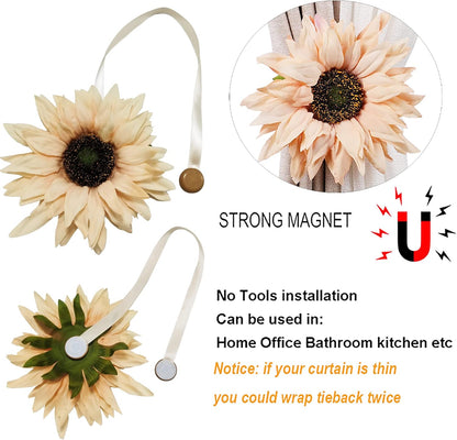 2 Pieces Magnetic Curtain Tieback Large Sunflower Decorative Tie Back Clips Window Drape Magnetic Button Tiebacks Holdbacks Rope for Girl Home Office Bathroom (Light Yellow, 2)