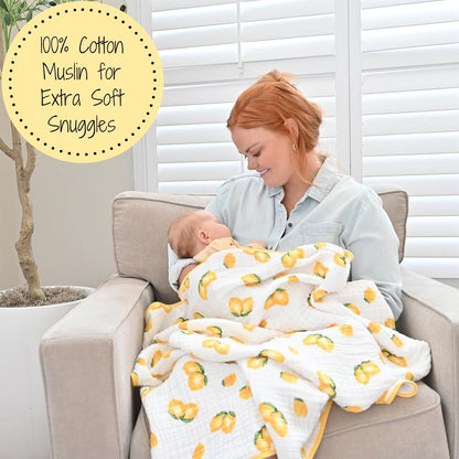 LollyBanks Muslin Baby Quilt, 100% Cotton Baby Blanket for Boys and Girls, Large 47 x 47 Inches Versatile Crib Blanket, 6 Layers Newborn Blanket, Durable Baby Bedding, Registry (Sunny Lemon Print)