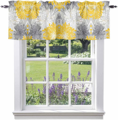 Savannan Window Valance Curtain, Abstract Flowers on Gray Rod Pocket Short Curtain Valances for Kitchen Bedroom Living Room Cafe 1 Panel 42x18in Watercolor Yellow White Flowers