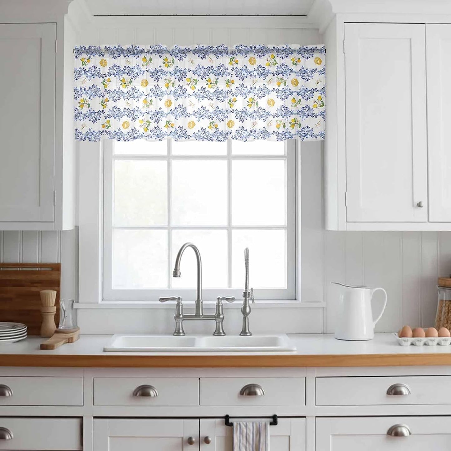 Sheer Window Valance Lemon Floral Semi Voile Short Curtain Rod Pocket Summer Fruit Blue Leaves Valances Window Treatment for Bedroom Living Room Kitchen 54x18in