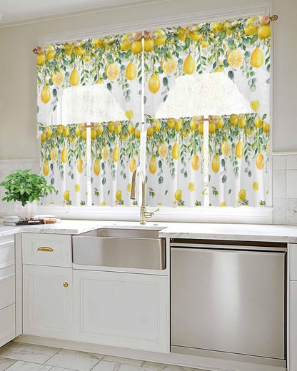 Yellow Lemon Kitchen Curtains Sets for Windows 3 Piece, Summer Fruit Kitchen Curtains and Valances Tier Set 24 Inch Length Green Eucalyptus Leaf Flower Swag Curtain for Living Room Cafe Bath Bedroom