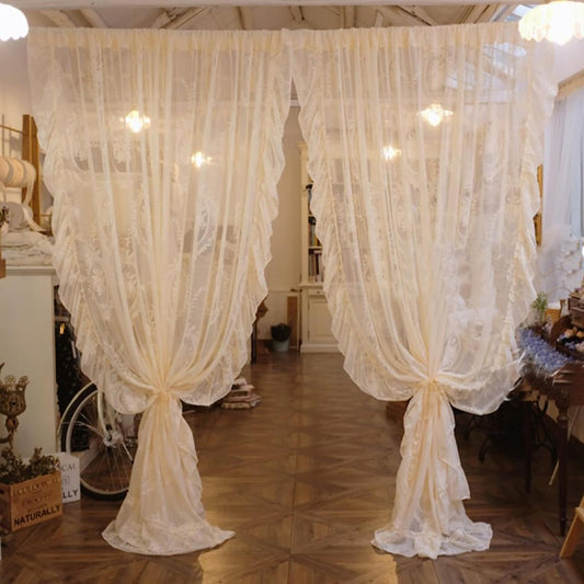 Vintage Ruffled Lace Sheer Curtain,Shabby Chic Floral Curtain with Top Pocket,Embroidered Elegant Bedroom Light Filtering Drapes Window Curtains(1 Panel Set) (Color : Yellow, Size : W150xH160cm(59"