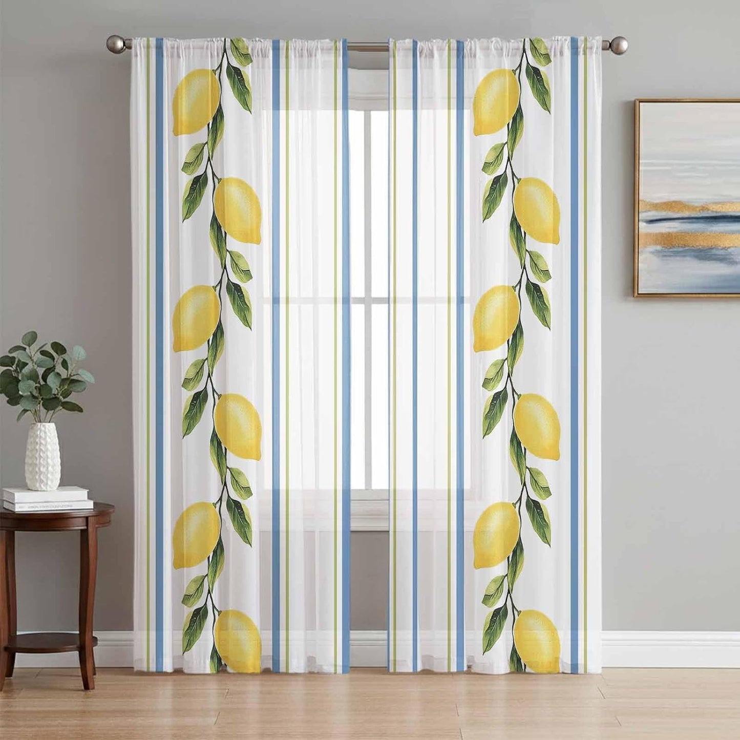 Lemon Striped Sheer Curtains 72 Inch Length 2 Panels, Yellow Fruit Blue White Geometric Light Filtering Voile Drapes for Living Room Bedroom Window Treatments, Rod Pocket Privacy Semi Sheer Curtains