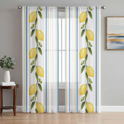 Lemon Striped Sheer Curtains 72 Inch Length 2 Panels, Yellow Fruit Blue White Geometric Light Filtering Voile Drapes for Living Room Bedroom Window Treatments, Rod Pocket Privacy Semi Sheer Curtains