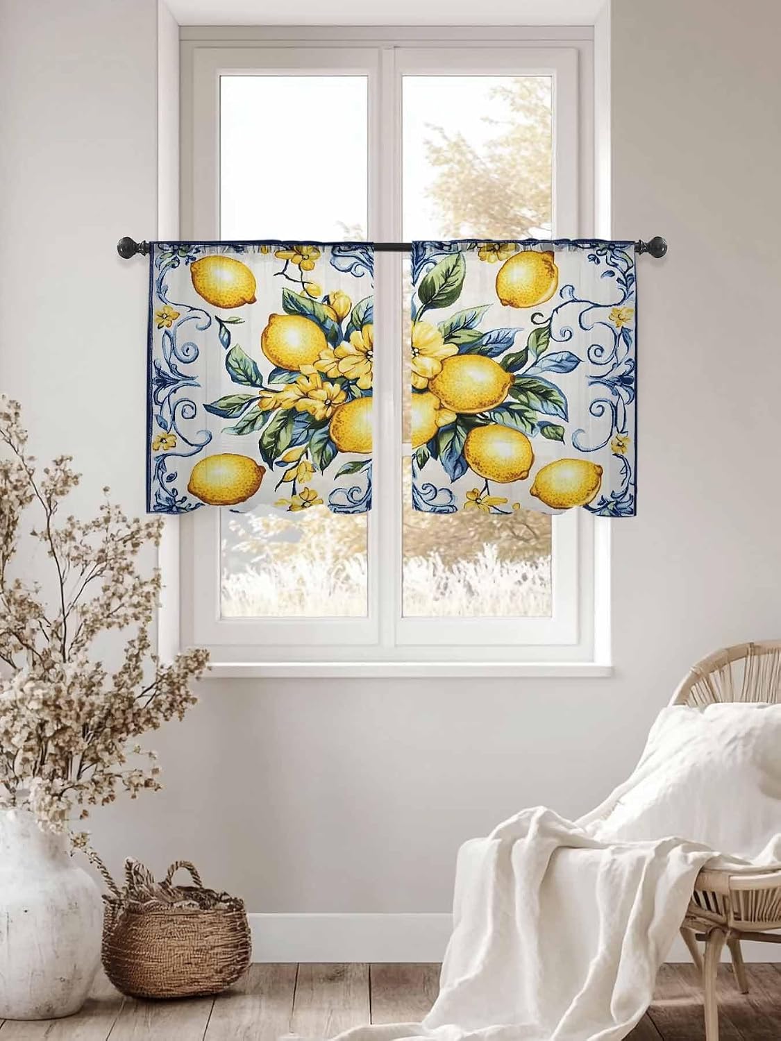 Yellow Lemon Semi Sheer Curtains 45 inch Length 2 Panels Set Middle Century Blue Italian Textured Kitchen Curtains Rod Pocket Sheer Drapes for Bedroom Living Room, Voile Window Treatment