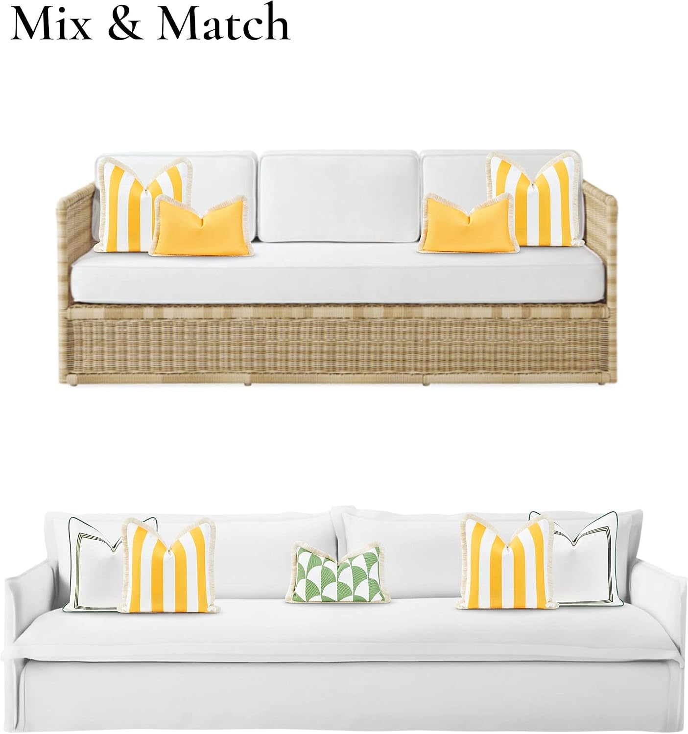 Hofdeco Premium Coastal Patio Indoor Outdoor Pillow Cover Only, 20"x20" Water Resistant for Backyard, Couch, Yellow Stripe Fringe