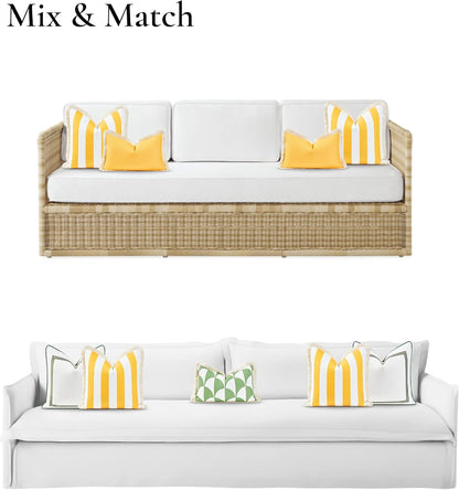 Hofdeco Premium Coastal Patio Indoor Outdoor Pillow Cover Only, 20"x20" Water Resistant for Backyard, Couch, Yellow Stripe Fringe