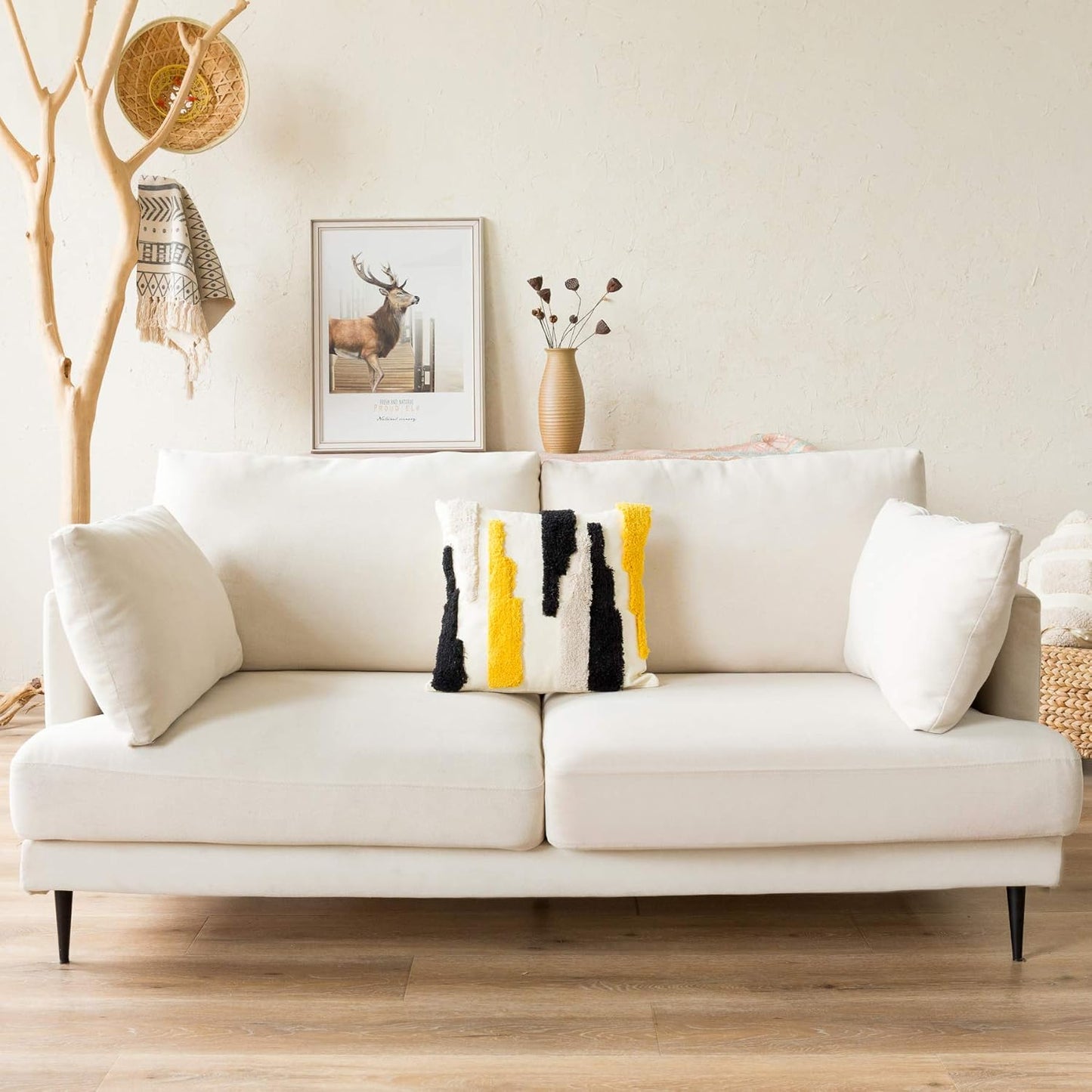 Woven Tufted Boho Throw Pillow Cover, Modern Decorative Geometric Irregular Black Ivory Yellow Striped Lines Cushion, Farmhouse Tribal Pillowcases for Couch Sofa Bedroom Living Room, 18 x 18 Inches
