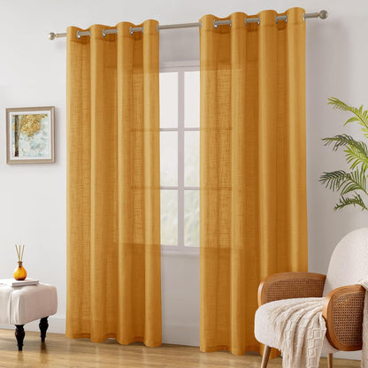 HOMEIDEAS Yellow Linen Textured Sheer Curtains, 84 Inches Long 2 Panels Semi Sheer Curtains Farmhouse Window Drapes for Bedroom Living Room, 2 Panels, W52 x L84