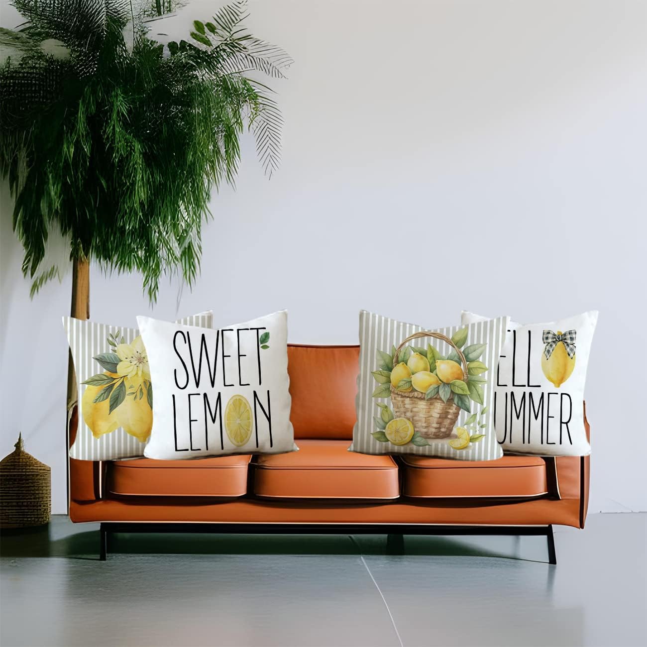 Spring Summer Pillow Covers 18x18 Set of 4 Grey Stripe Sweet Lemon Hello Summer Pillows Decorative Quote Throw Pillows Pillowcase Decorations Farmhouse Decor for Home Decor