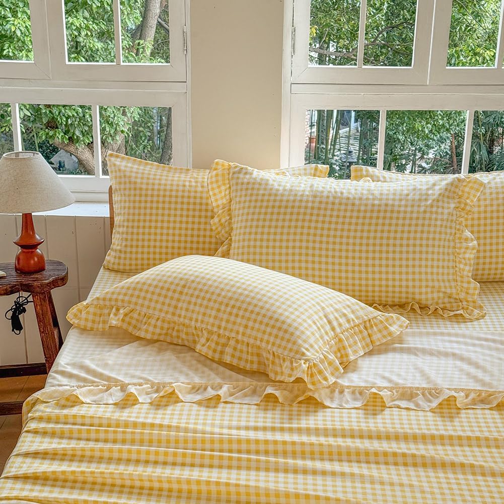 NSNLGSGC Yellow Ruffled Plaid Gingham Pillow Shams 20"x20", Set of 2 Taupe Checked Pre-Washed Microfiber Farmhouse Pillowcases for Bed/Sofa (20"x20", Yellow Gingham)