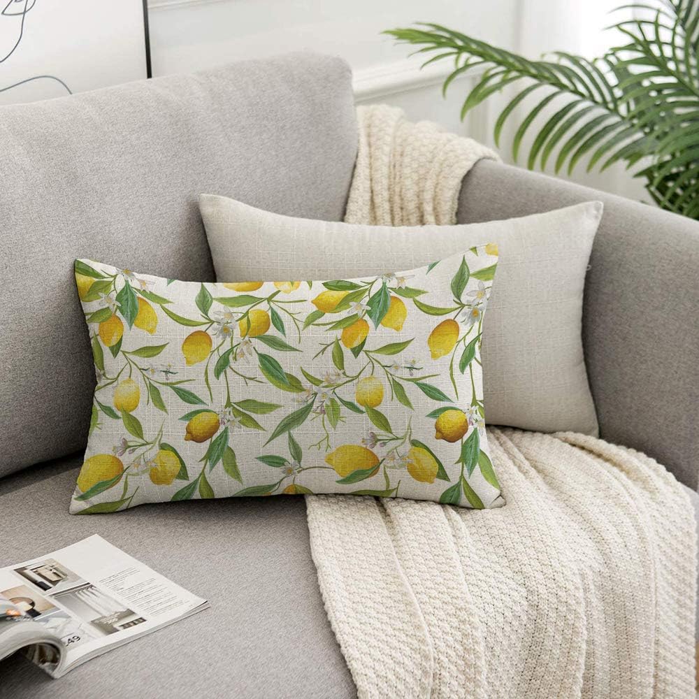 HOSNYE Lemon Throw Pillow Cover Fruits and Leaves Floral Linen Fabric for Couch Bed Sofa Car Waist Cushion Cover 12 x 20 inch Pillow Case