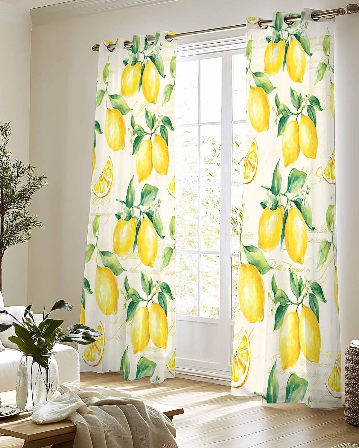 Yellow Lemon Sheer Curtains 90 Inch Length 2 Panels Set Summer Fruit Green Retro Farmhouse Leaf Curtain Drapes for Kitchen/Bedroom/Living Room/Doorway/Sliding Glass Door/Bathroom Window Panel 52x90