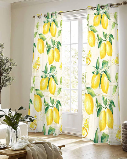 Yellow Lemon Sheer Curtains 90 Inch Length 2 Panels Set Summer Fruit Green Retro Farmhouse Leaf Curtain Drapes for Kitchen/Bedroom/Living Room/Doorway/Sliding Glass Door/Bathroom Window Panel 52x90