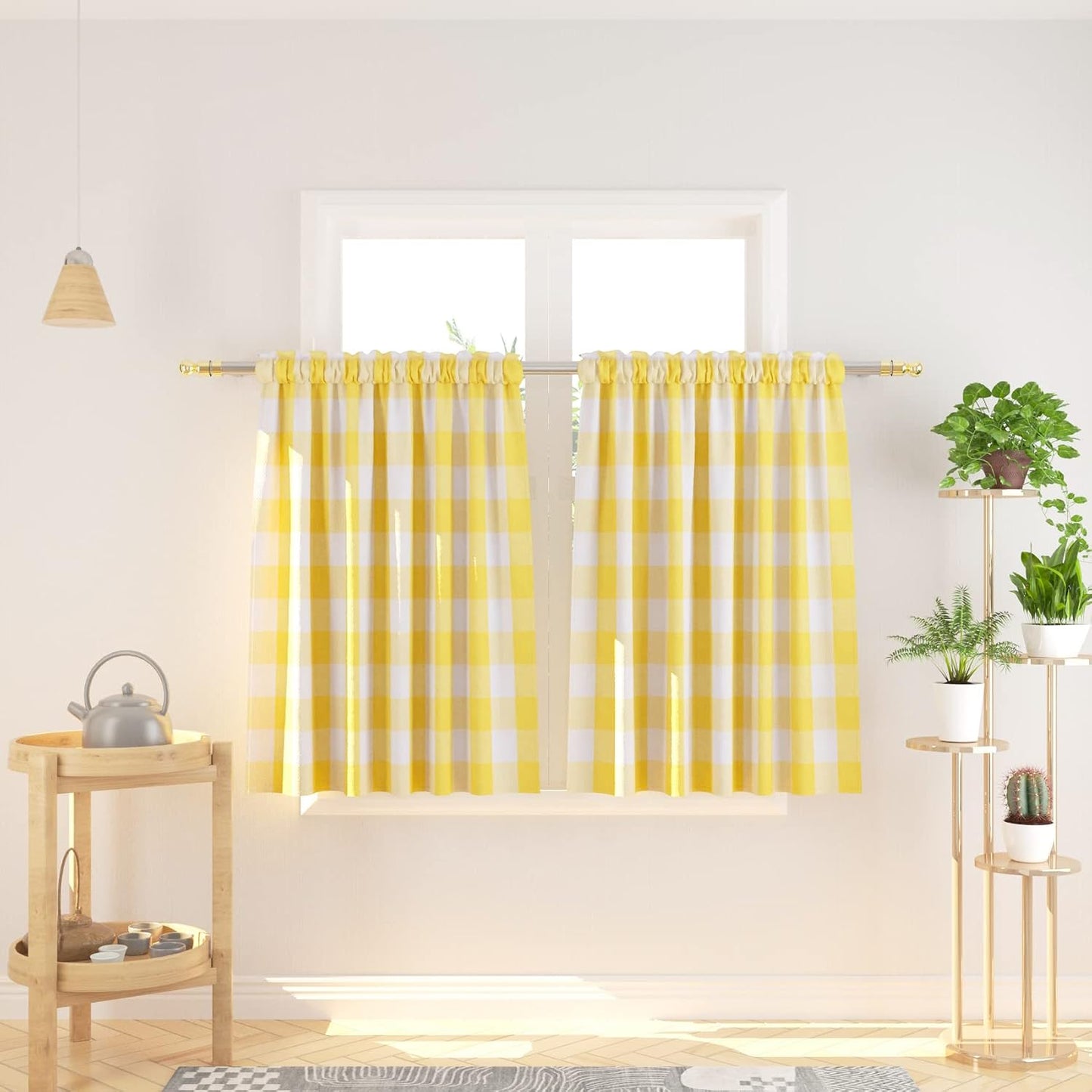 3 Pc Cotton Classic Country Farmhouse Kitchen Window Curtain -Yellow & White Buffalo Check Tier & Valance Set, 54" x 18" / 27" x 36"