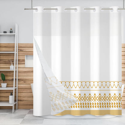 No Hook Yellow White Stripe Shower Curtain with Snap in Fabric Liner Set Abstract Minimalist Double Layer Bathtubs Hotel Curtain Set Waterproof Fabric with See Through Top Window 71x74 Inch