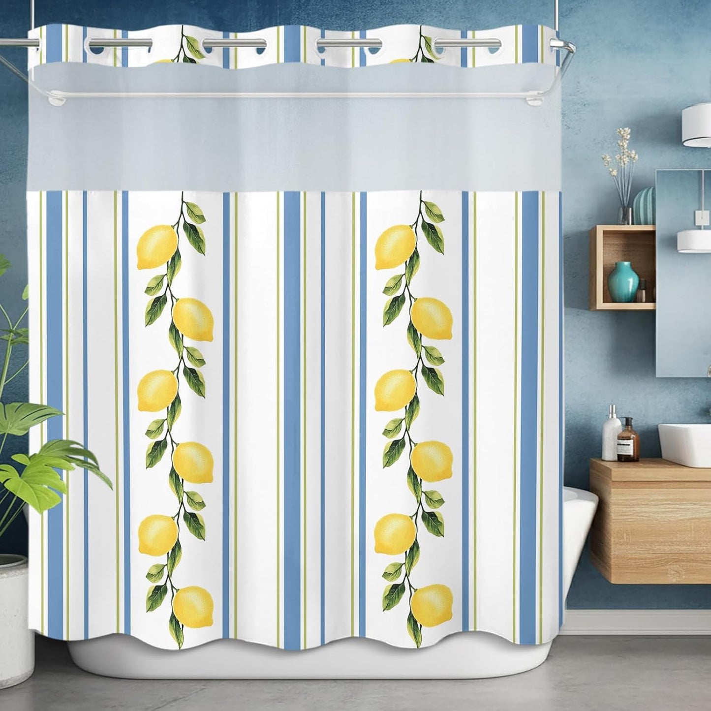 QueenKer Lemon Striped Shower Curtains Set Yellow Fruit Blue White No Hook Shower Curtains with Snap in Liner 72" x 72" Waterproof Fabric See Through Top Sheer Window for Bathroom Shower Room