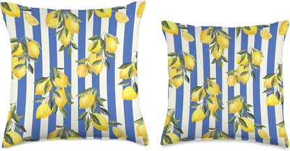 Italian Coast Lemons On Blue Stripes Summer Fruit Pattern Throw Pillow