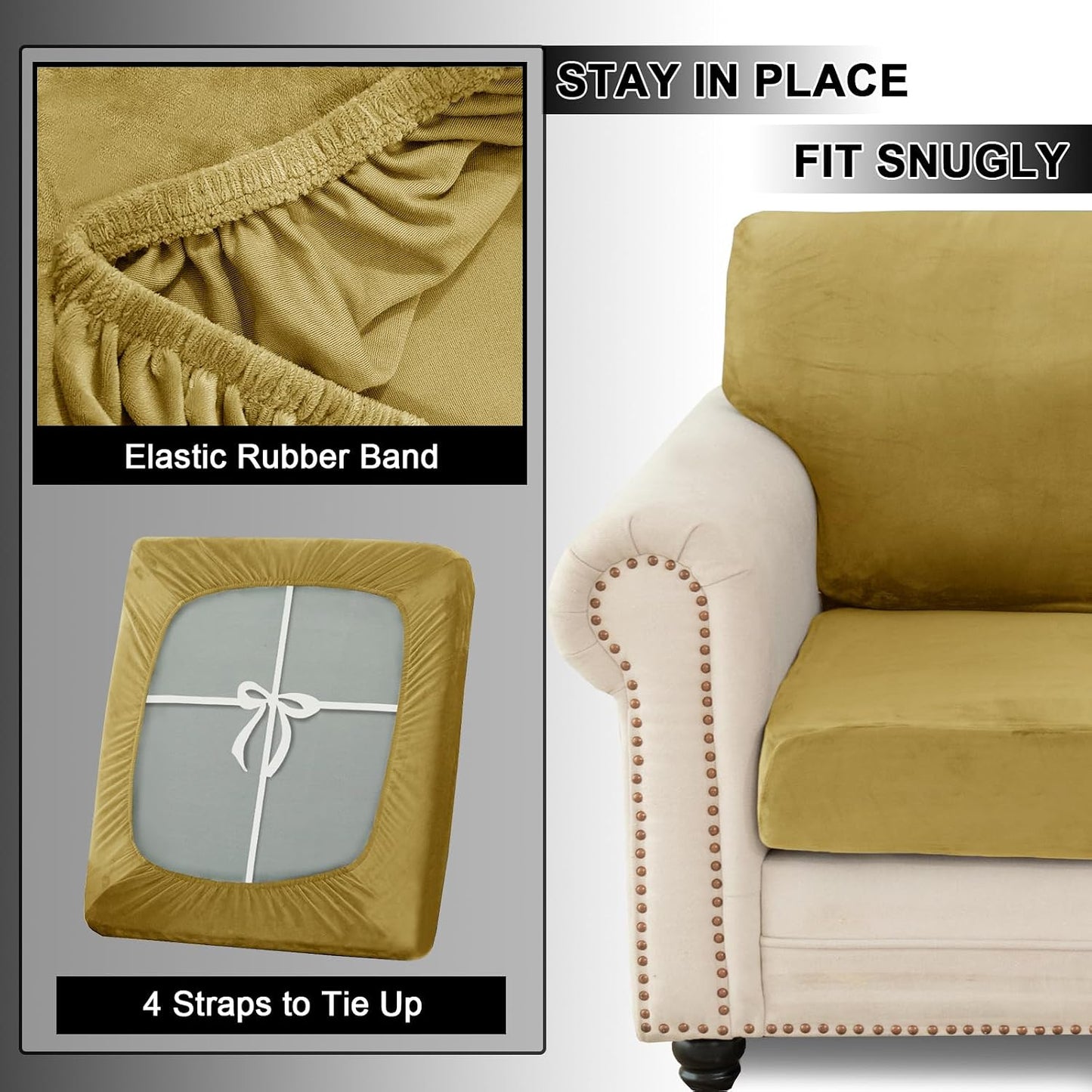 Stretch Couch Cushion Cover Velvet, Sofa Seat Cushion Cover with Ties and Elastic Bands, Couch Covers for Sofa Furniture Protector (Lemon Yellow,Zip Pillowcase)