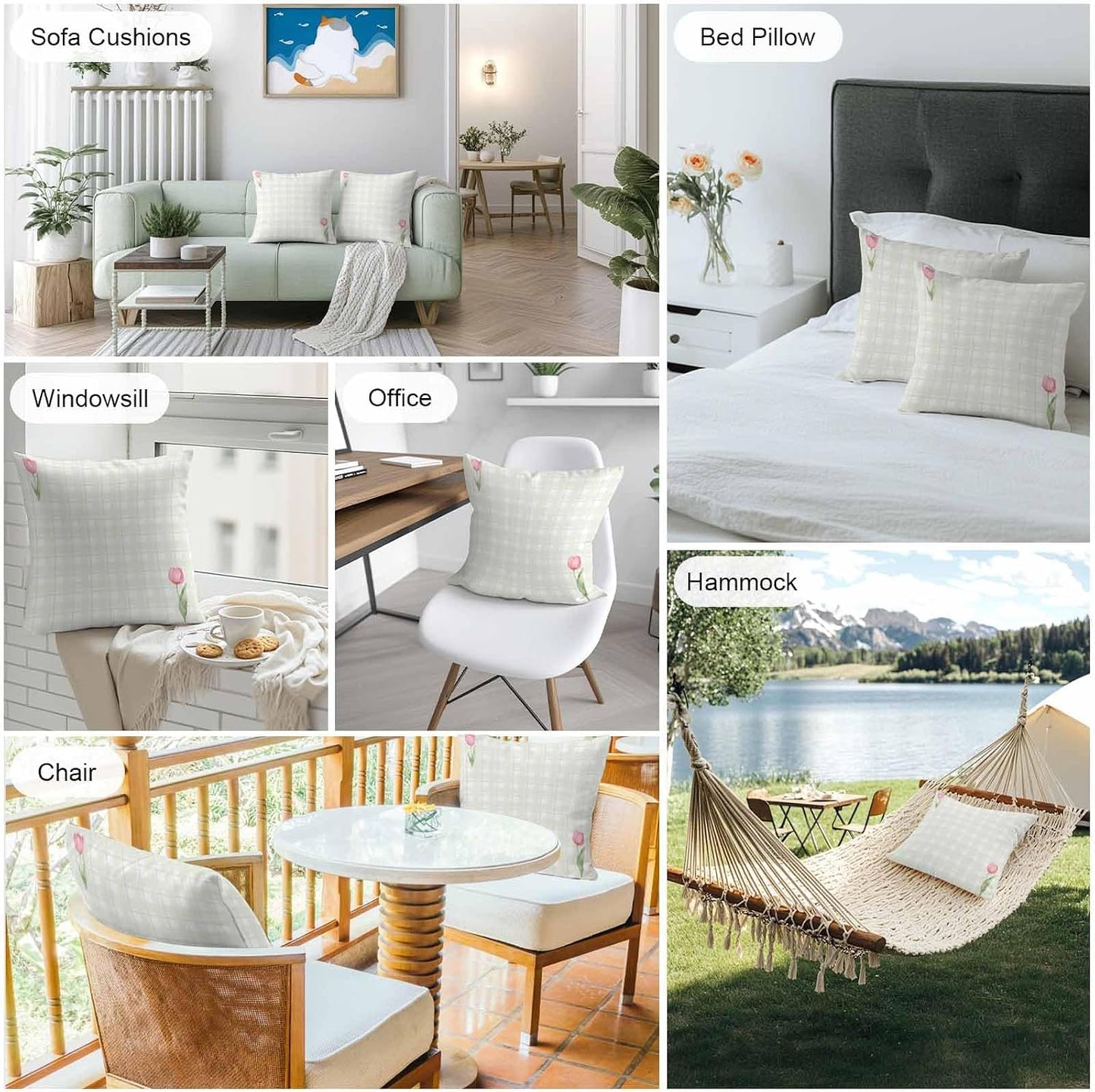 Waterproof Throw Pillow Covers 18x18 Set of 2, Light Yellow Lattice Spring Tulip Flower Outdoor Pillowcases Invisible Zipper, Minimalist Check Decorative Cushion Covers for Patio Garden Sofa Couch