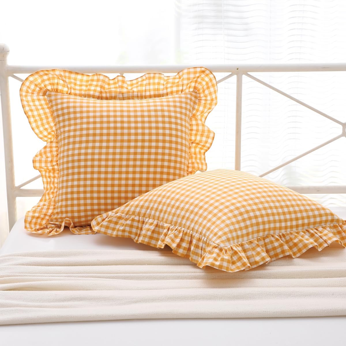 Mywinlle Yellow/White Plaid Ruffle Pillow Shams Throw Pillow Covers 20"x20", Checkered Washed Cotton Mustard Gingham Decorative Pillow Covers Shabby Pillowcases