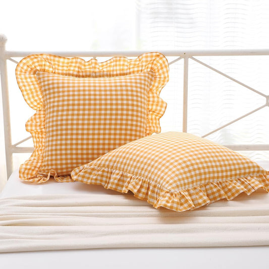 Mywinlle Yellow/White Plaid Ruffle Pillow Shams Throw Pillow Covers 20"x20", Checkered Washed Cotton Mustard Gingham Decorative Pillow Covers Shabby Pillowcases