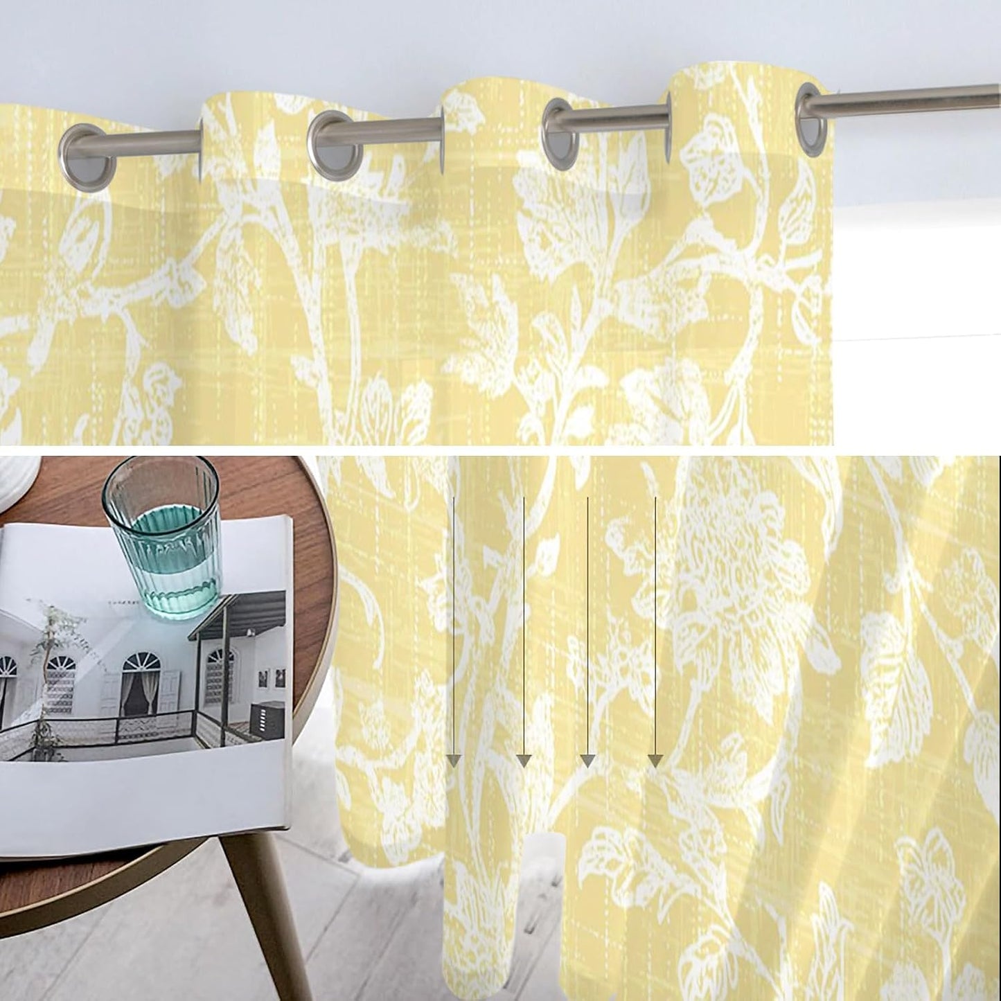 Lemon Yellow Flower Sheer Curtains 39 Inch Long 2 Panels, Pastoral White Plant Petal Leaf Rustic Linen Light Filtering Semi Sheer Drapes Grommet Voile Window Curtain for Living Bedroom W27.9 x L39