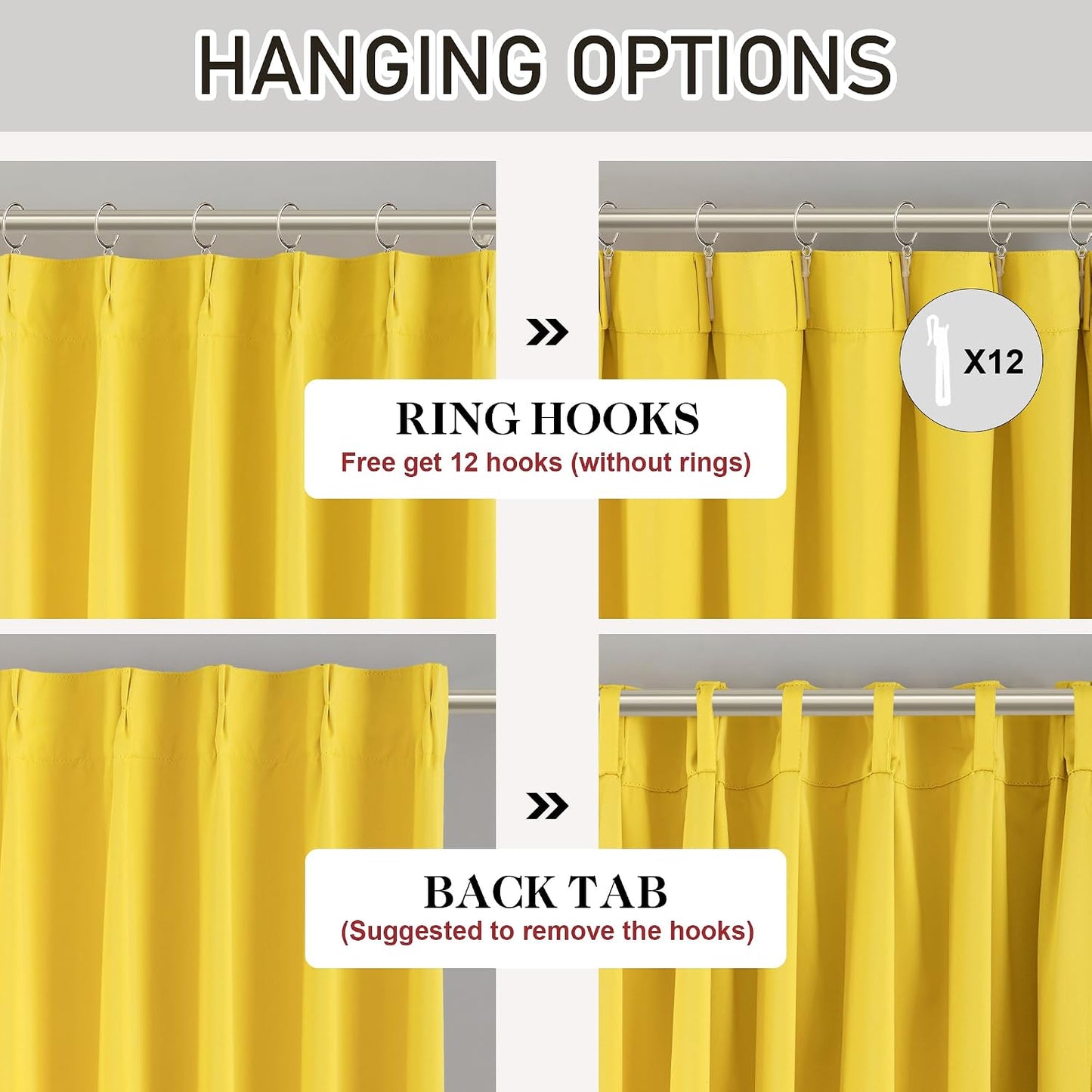 DONREN Yellow Pinch Pleated Blackout Curtains with Hooks - 96 inch Length Room Darkening Thermal Insulated Window Curtain Panels for Living Room Bedroom 2 Panel 40" Wx96 L